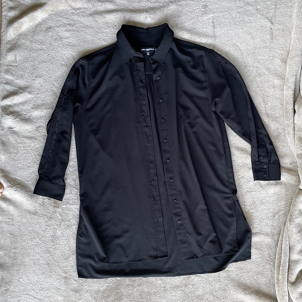 Karl Lagerfeld black long tunic button down shirt with laced logo on sleeve.